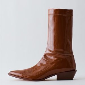 Tibi Leo Patent Caramel Boot.